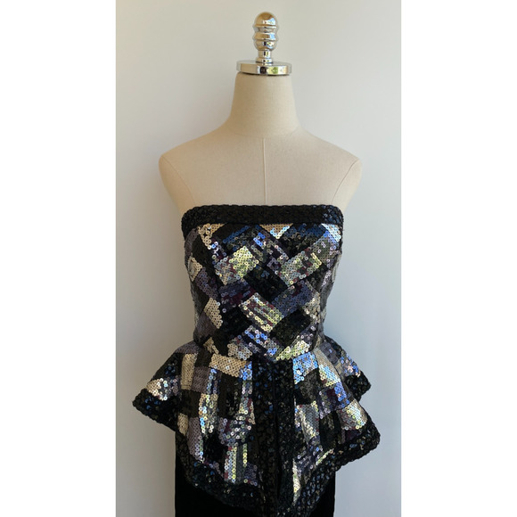 VTG Victor Costa Strapless Black Silver White Sequin & Velvet Formal Dress 6/8 - Picture 4 of 13